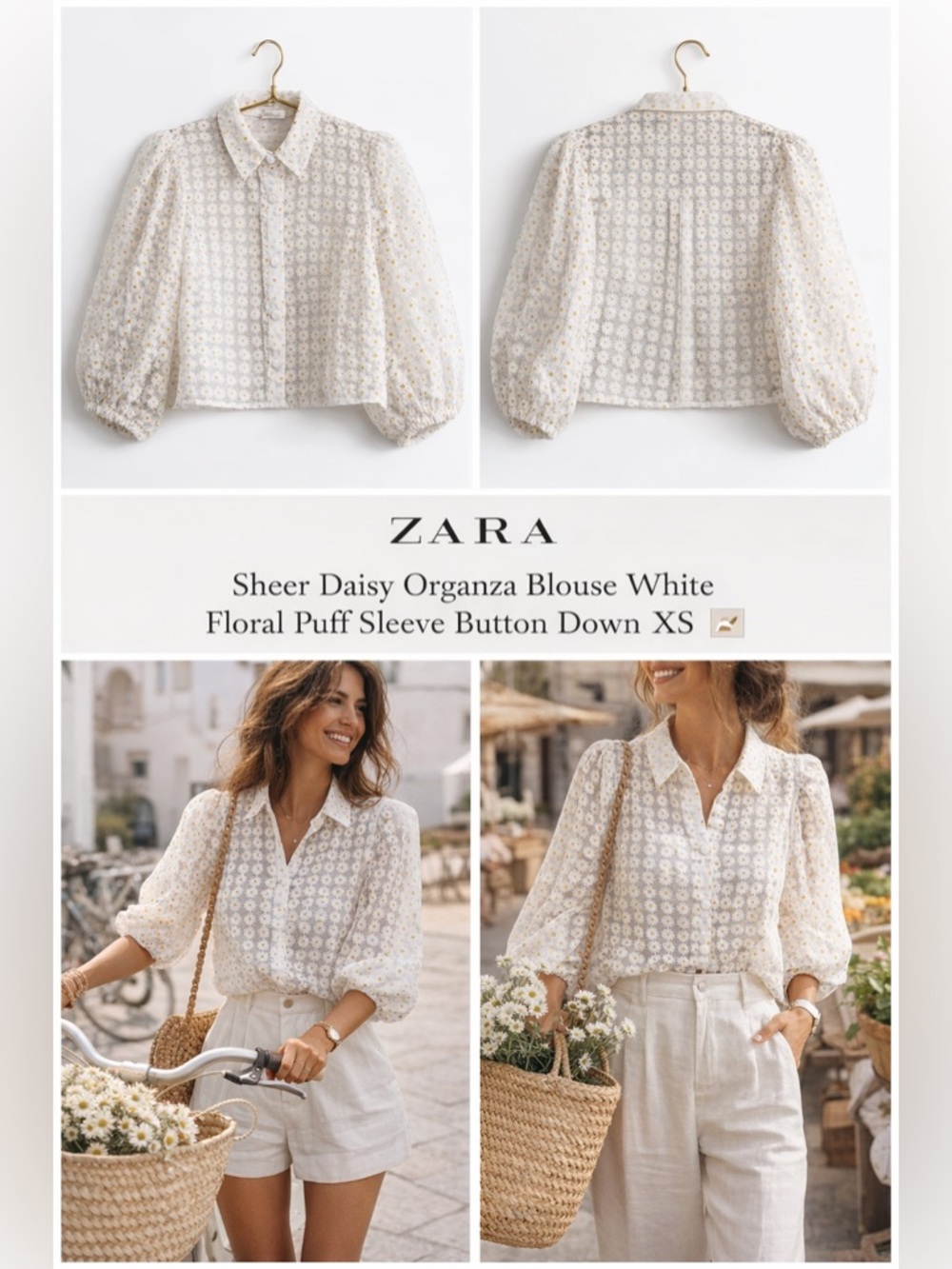 Zara Sheer Daisy Organza Blouse White Floral Puff Sleeve Size XS Romantic Top